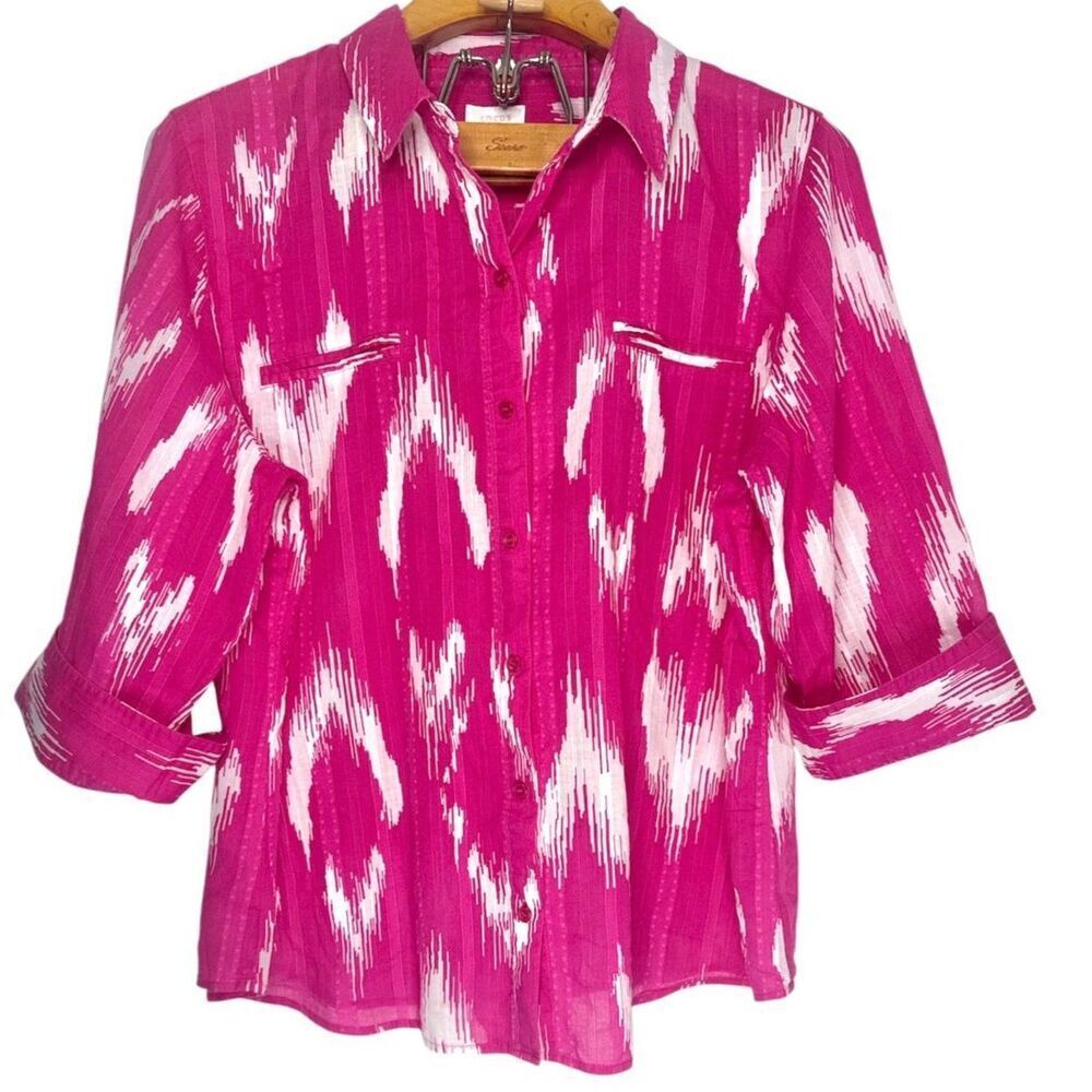 Chico's Pink White Tie Dye 3/4 Sleeves Front Button Shirt Size: 3